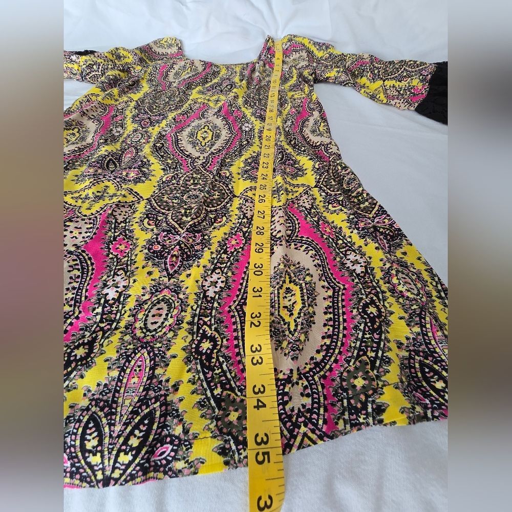 Uncle Frank Boho Paisley Lace Sleeve Dress M Yellow Pink Festival - Picture 7 of 13